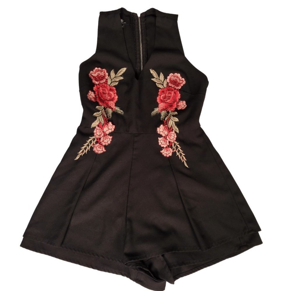 Lily Rosie Girl - Size S - Black Romper with Red Embroidered Roses
